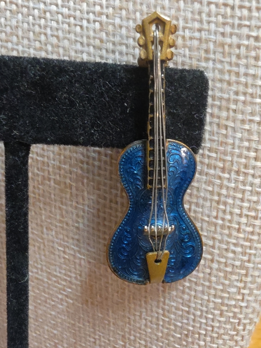 Vintage Western Germany Blue Enamel Guitar Brooch Pin Gold Tone Wire Strings